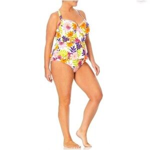 Women's Plus Size 2X Floral Tankini Swimsuit TOP ONLY Molded Cup Underwire White